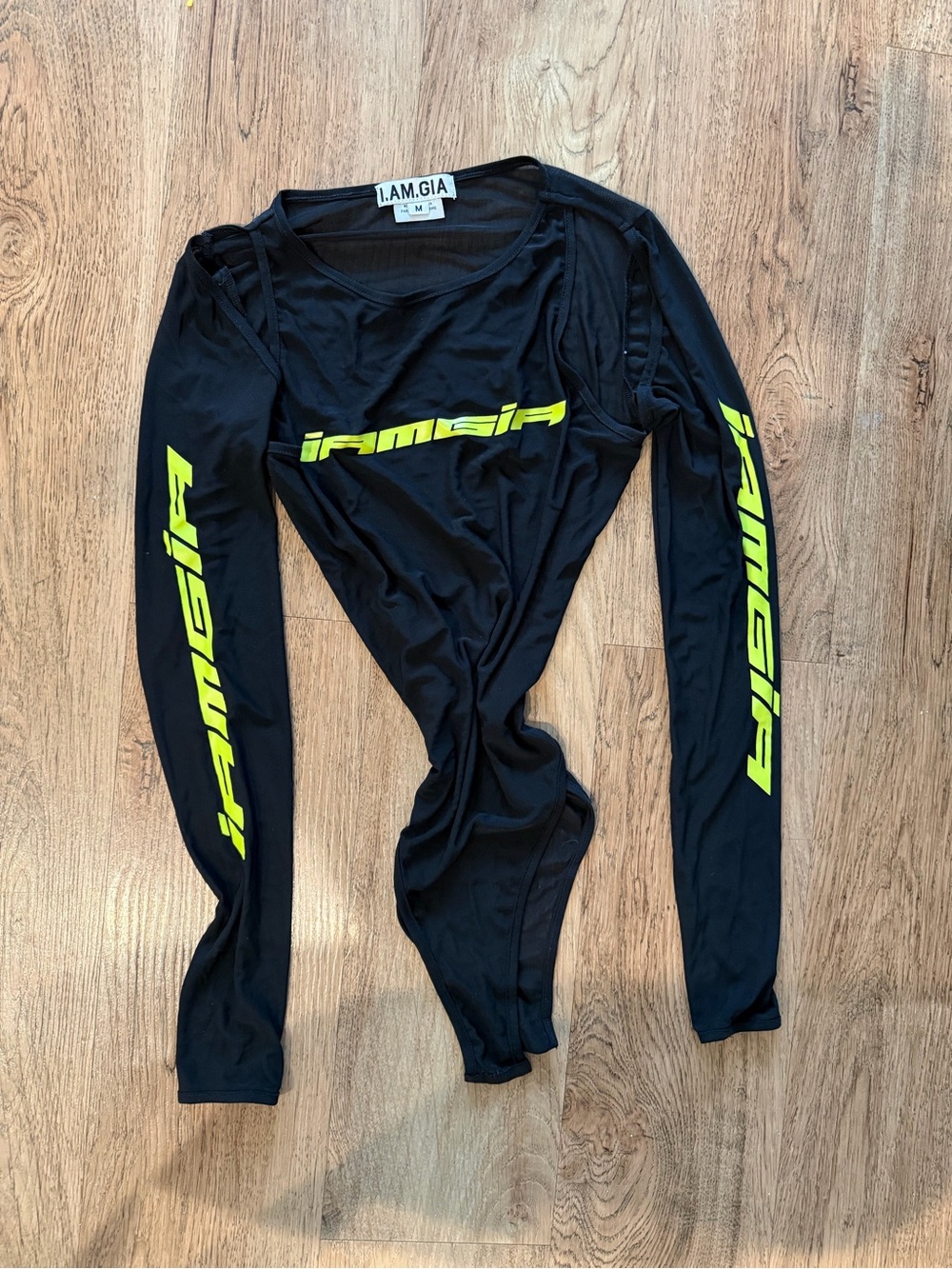 I.AM.GIA Black Long Sleeve Bodysuit with Neon Yellow Logo